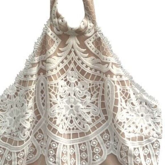 Lulus XL Beige Nude Halter Dress White Lace Overlay Bodycon Cocktail Party Midi - Picture 4 of 7